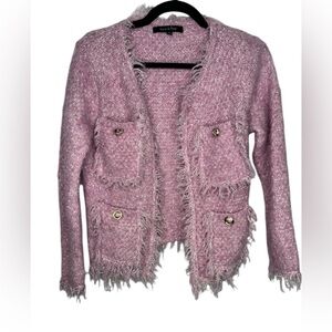 Strut & Bolt Preppy Barbie Pink Wool Glitter Blend Rae Hem Open Front Sweater S